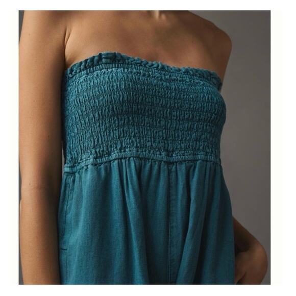 Anthropologie Pilcro Women’s Smocked Linen Blend Romper Teal Size XS Boho Beach - Picture 2 of 11